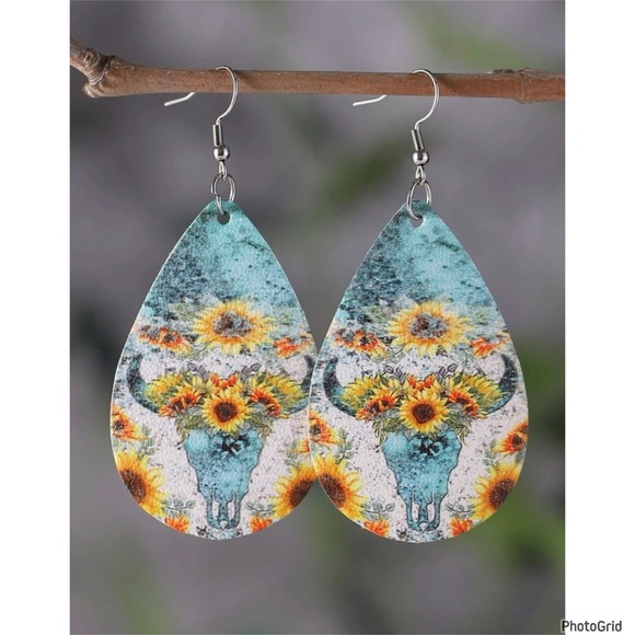 Jewelry - final sale • Cow + sunflower print water color dangle earrings